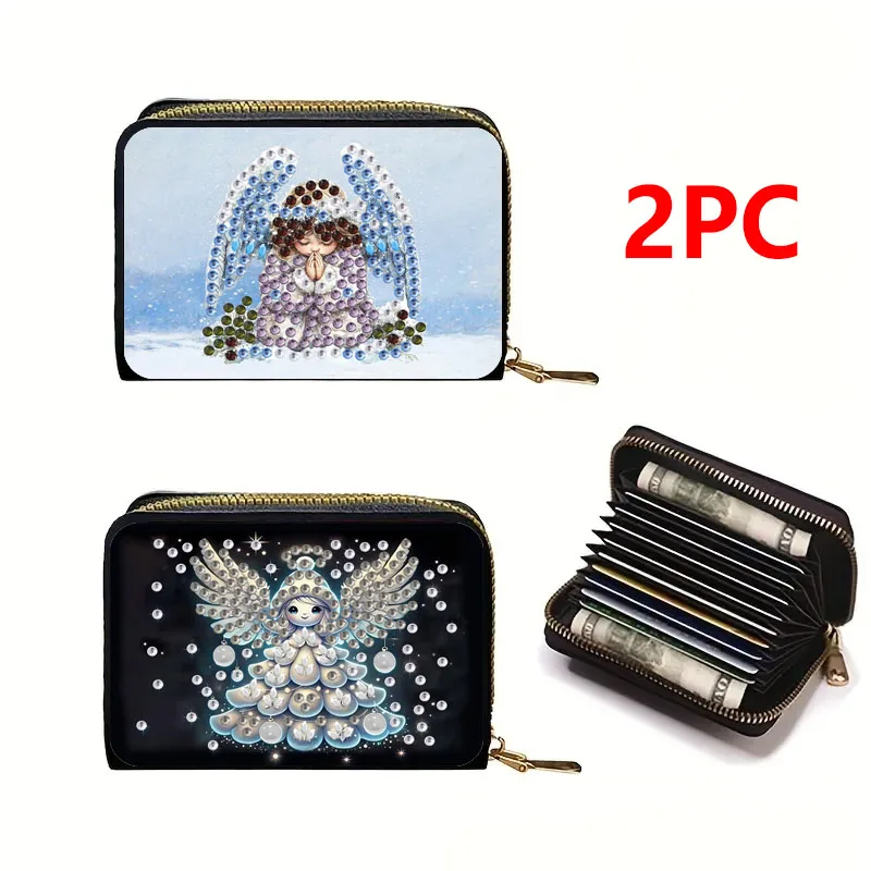 2 DIY-Diamant-Malerei-Set mit Reißverschluss, Kartenetuis, PU-Ledermaterial, Cartoon-Engel-Muster, handgefertigte tragbare Geldbörse mit Diamanten