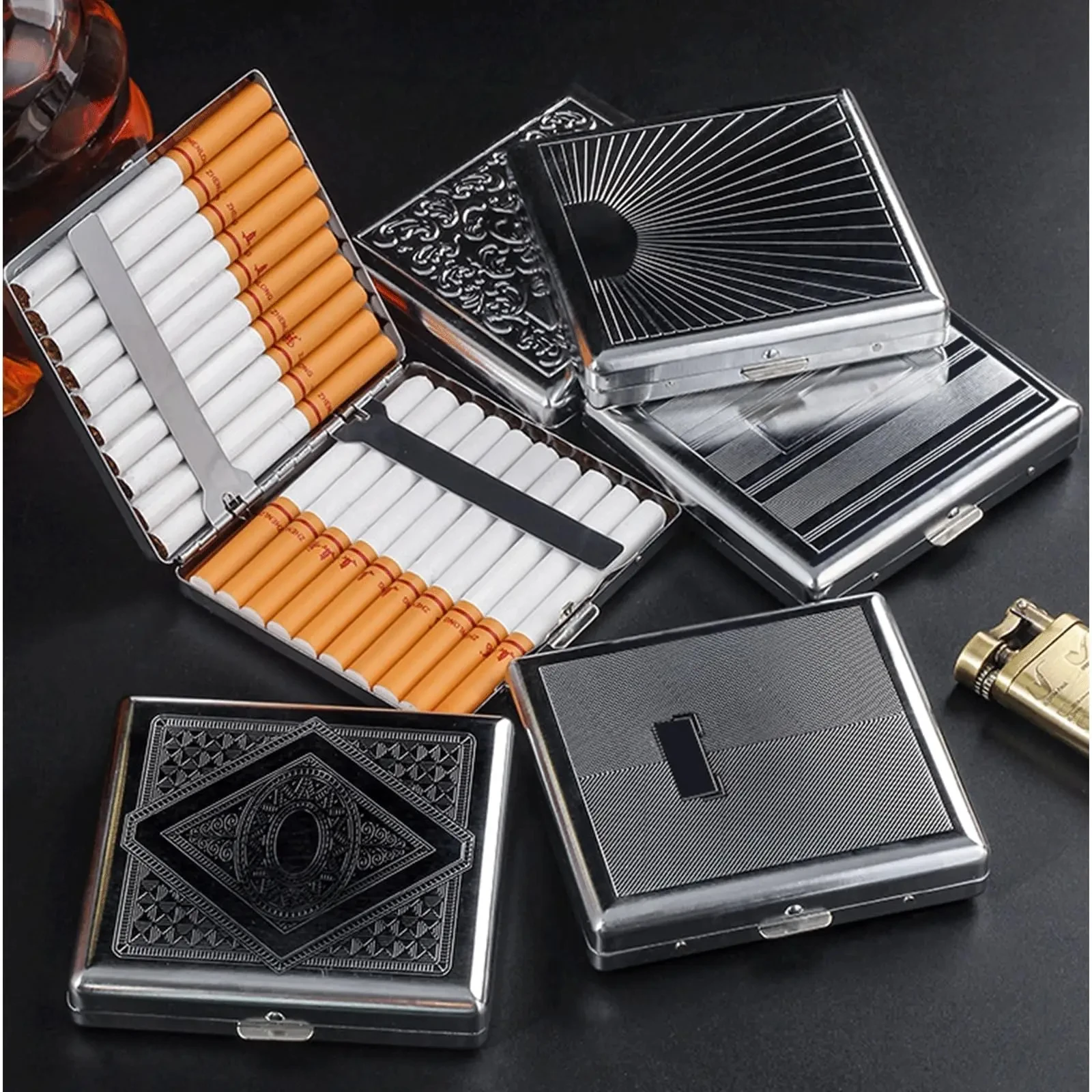 Portable Stainless Steel Metal Cigarette Case Patterned Decorative Cigarette Case Stylish Cigarette Storage Box 20 Cigarettes