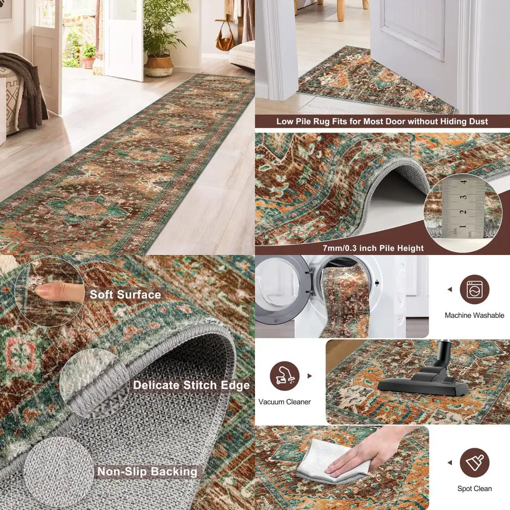 

Коврик-дорожка в винтажном стиле бохо, 2x12 футов, моющийся, с резиновой основой, для прихожей, устойчивый к пятнам, с низким ворсом, для входных групп дома