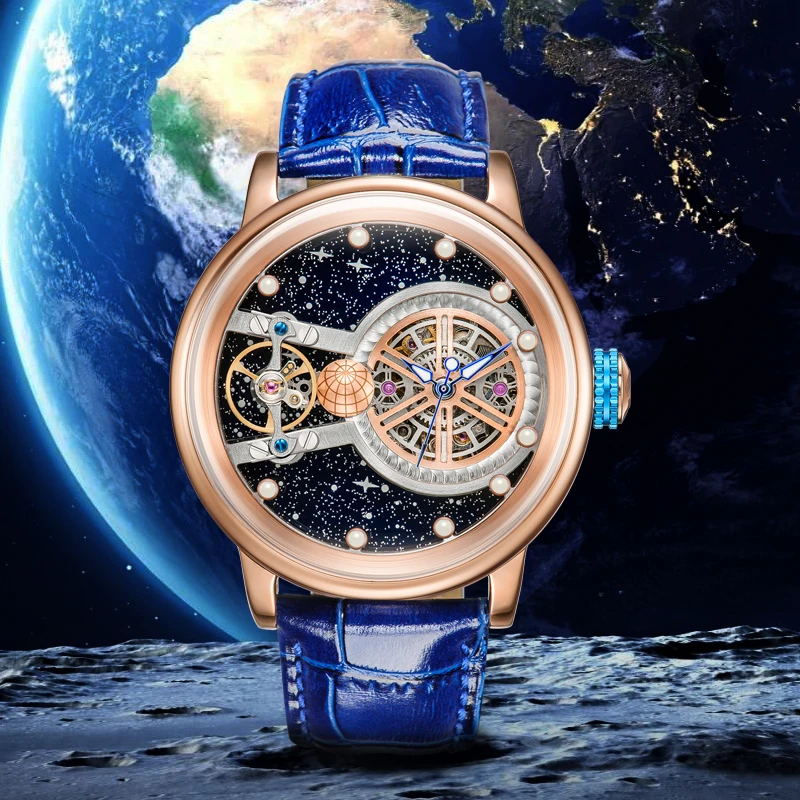 

HANBORO 44mm Men Mechanical Flywheel Super Luminois Watch Earth Theme Design Automat Waterproof Man Starry Sky Sapphire Watch