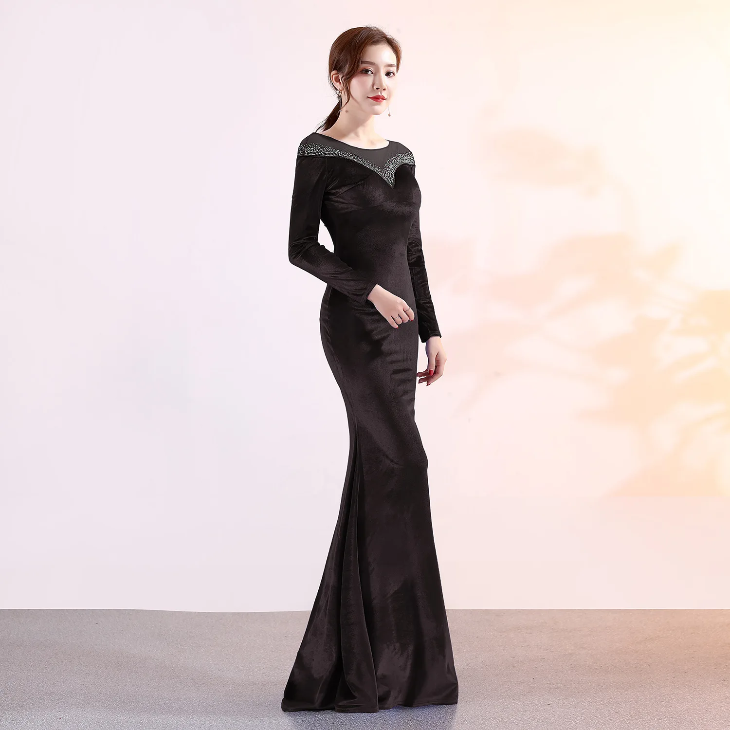 Elegant and Pretty Women's Velvet Prom Dress, Long Sleeves, Bride, Evening, Formal Party, Special Events, Luxury, Korean