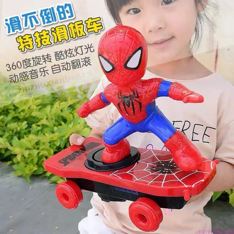 New Spiderman Automatic Flip Rotation Skateboard Acousto-Optic Car Electric Music Toy Stunt Scooters Christmas Gift