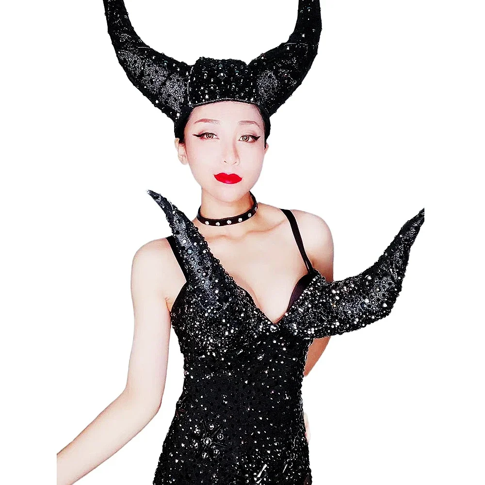 

Horns Decoration Women Shining Diamonds Jumpsuits Elastic Black Mesh Perspective Bodysuits Nightclub Bar Prom Party Costume