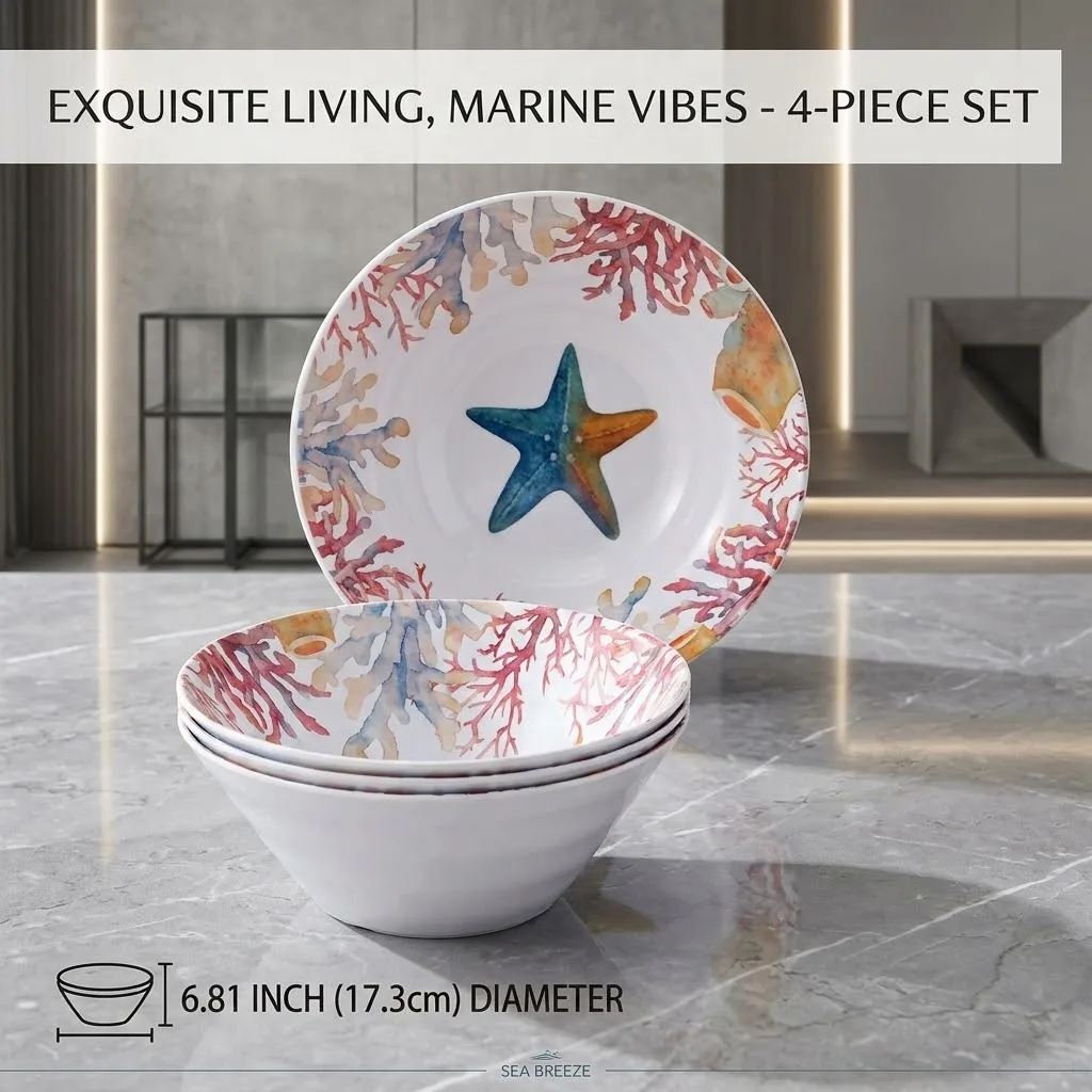 6.81 Inch Melamine Ocean Starfish Dinner Bowl Set, 4-Piece Lightweight Cereal Salad Bowls, Nautical Coastal Tableware Kitchen