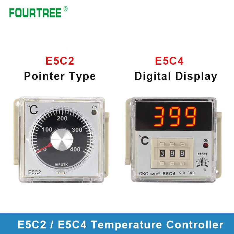 1PCS E5C2 E5C4 Temperature Controller Digital Display &Pointer Type 220V 0⁓399℃/0⁓999℃ Intelligent Thermostat Guide Rail