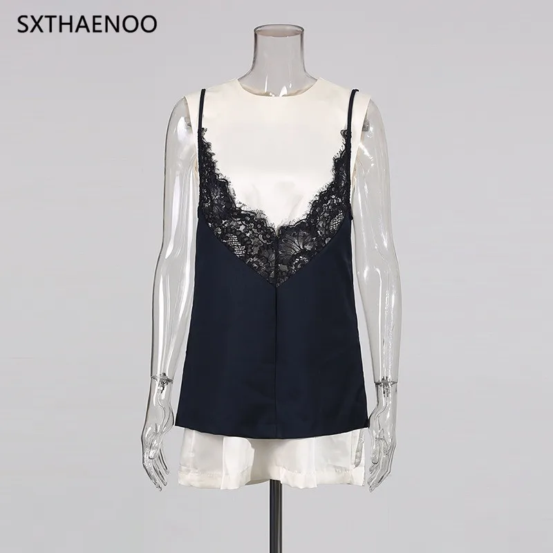 SXTHAENOO Fake Two Piece Set Tank Top Women Round Neck Sleeveless Patchwork Lace Camisole Hit Color Holiday Style Vest Female