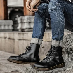 Mens Black Leather High top Round Head Cowhide Wear-Resistant Car Sewing Cowhide Mens Fashion Casual Doc Martens Boots