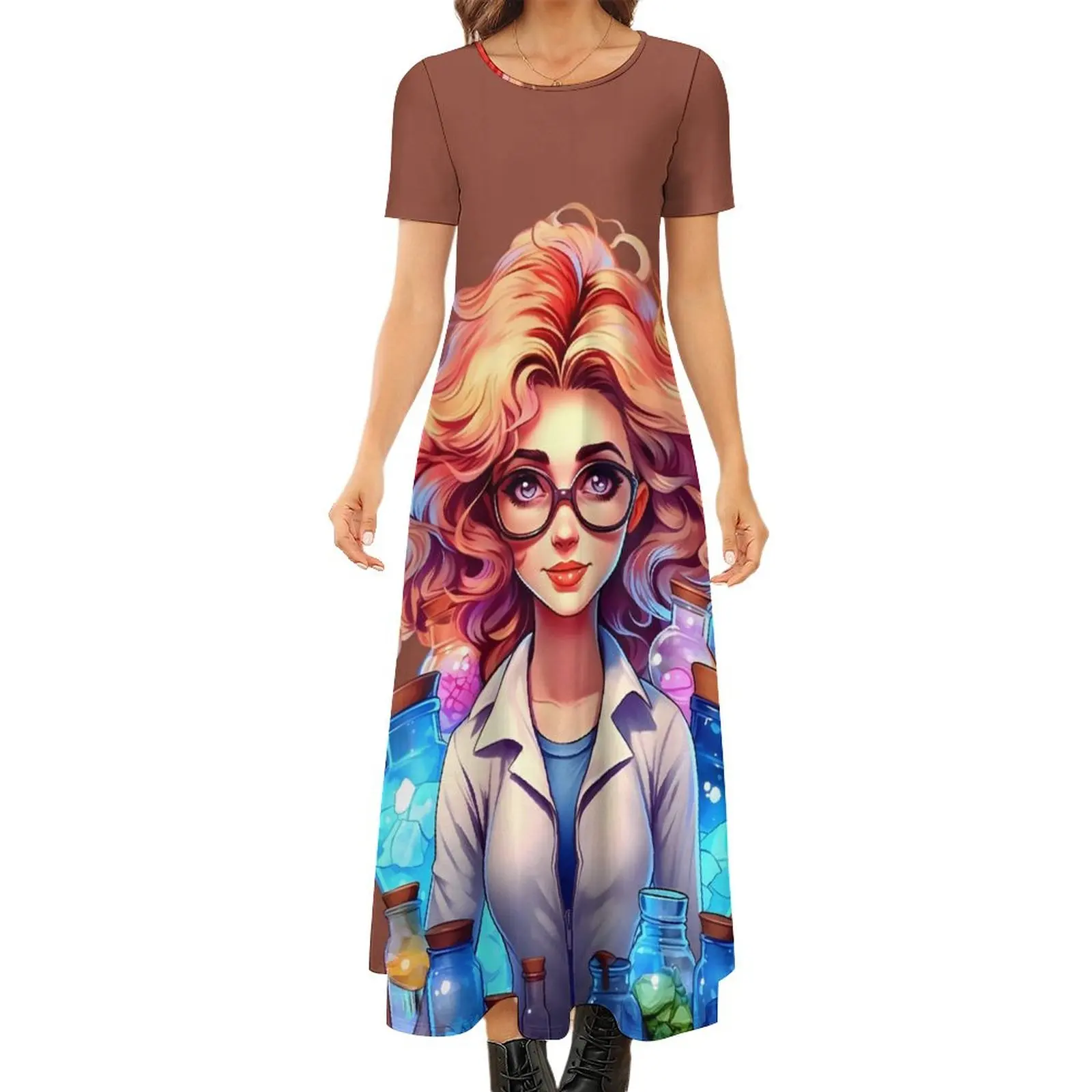 

Character Lady Dress Cartoon Style Portrait Funny Boho Beach Long Dresses Ladies Cute Maxi Dress Big Size 6XL 7XL