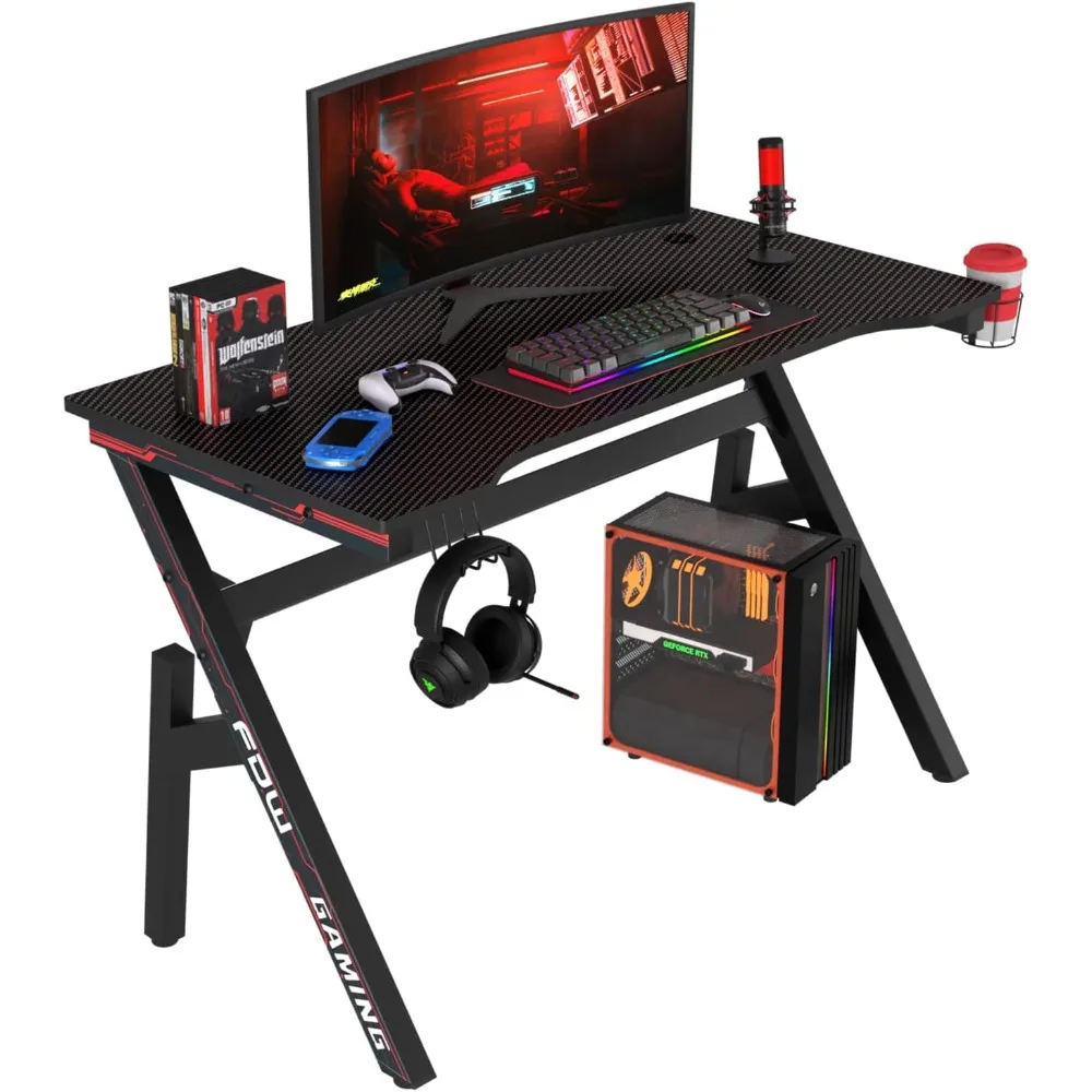 

Gaming Desk Computer Desk 47 Inch Home Office Desk Extra Large Modern Ergonomic Black PC Table Gamer Workstation with Cup