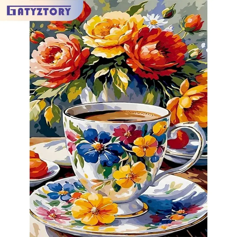 40x50cm Kaffee-Malset nach Zahlen Wandkunst Bild Blumenmalerei für Innenräume Acrylfarben Dekorative Gemälde