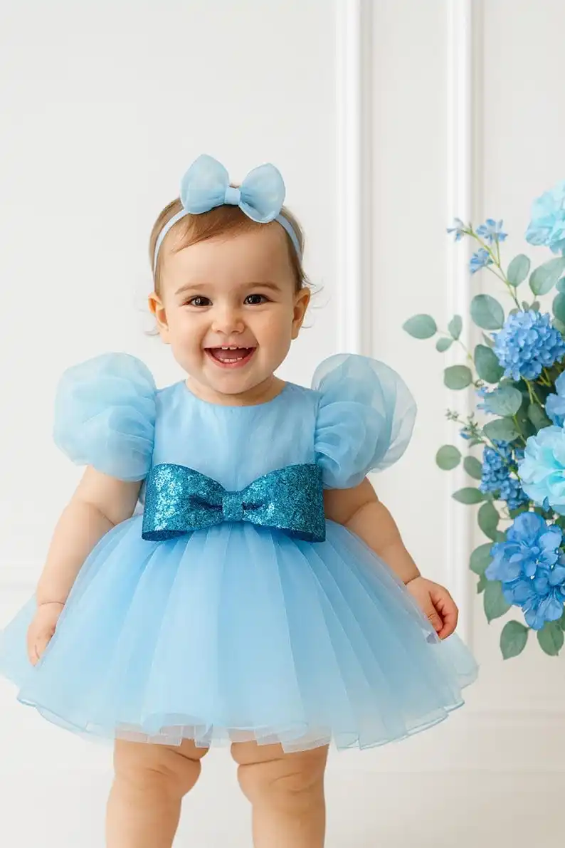 Flower Girls Dress Blue Organza Birthday Dress: Sequin Bow, Layered Tulle, Handmade for Wedding Party