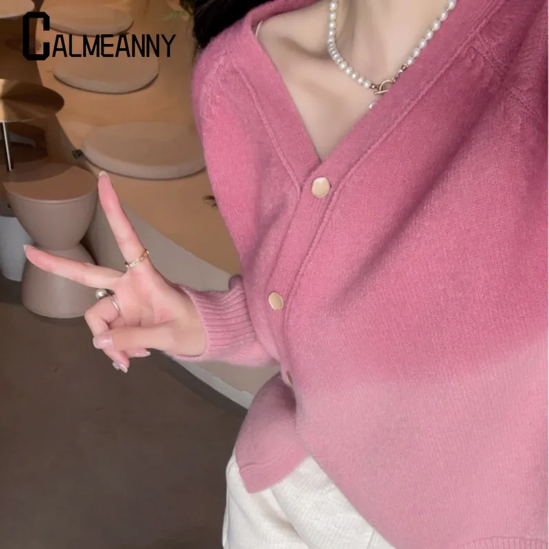 Casual Style Gradient Knitted Sweater Jacket Women's Cardigan 2024 Autumn Winter Loose V-neck Knitted Outerwears Female Clothes