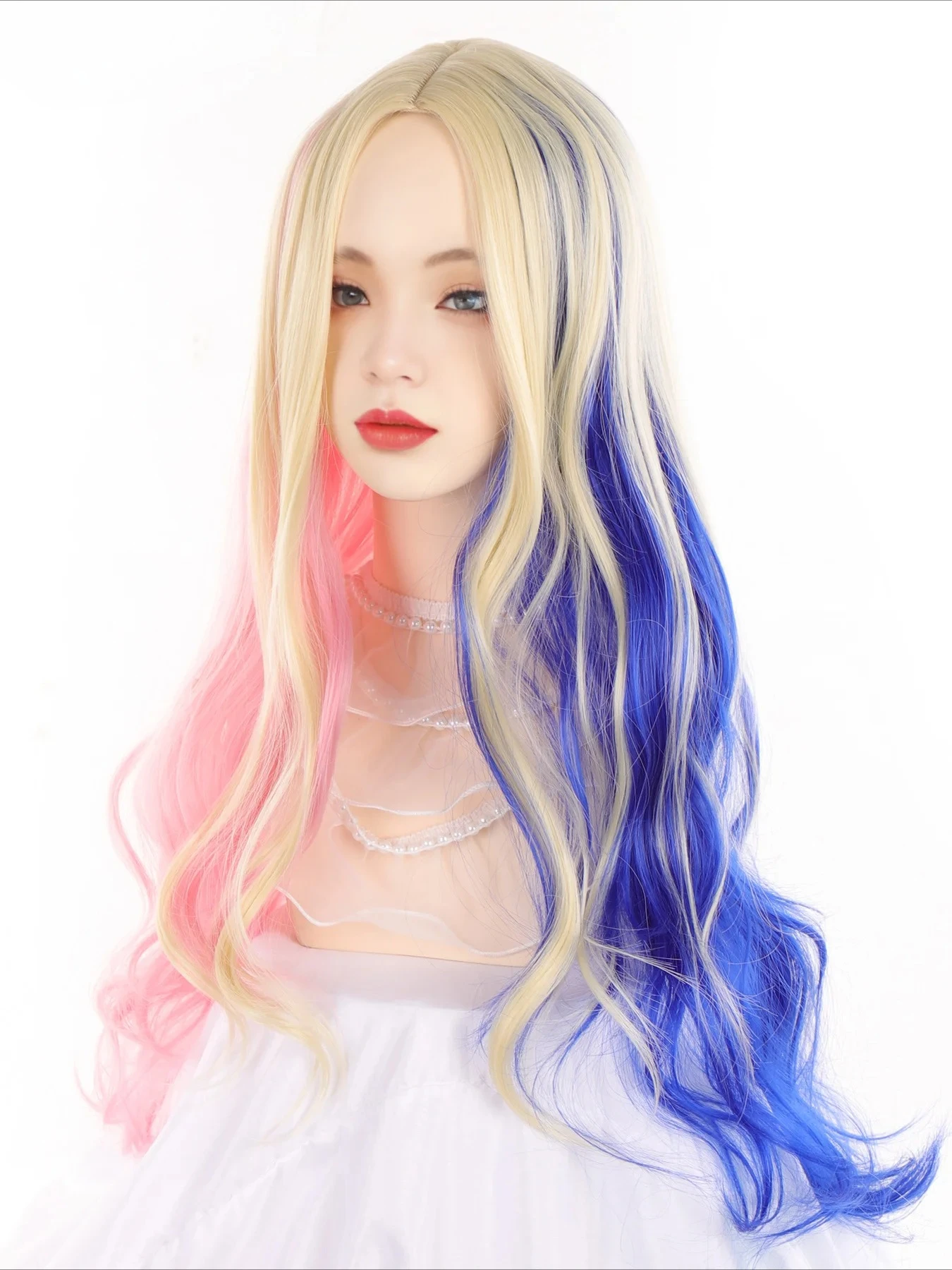 

Синтетический длинный волнистый парик омбре с эффектом радуги (блонд, синий, красный) с челкой, пушистый, для женщин, для повседневного использования и косплея в стиле Лолита, для вечеринок