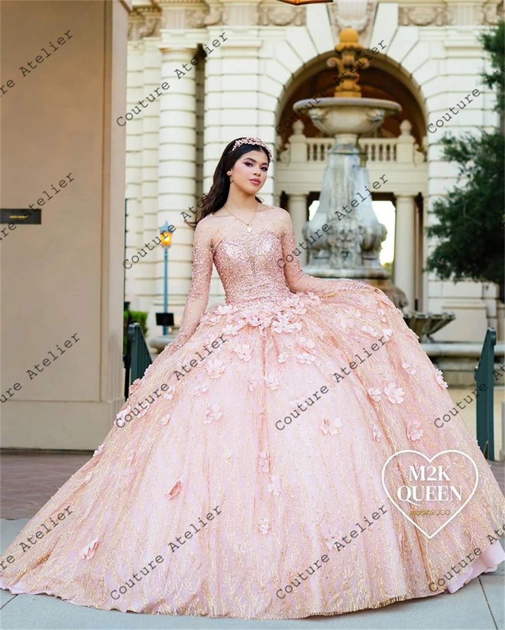 Vestido de baile de Quinceañera de manga larga brillante, flores en 3D, Rosa, con cordones, princesa dulce 15 16, 15 años