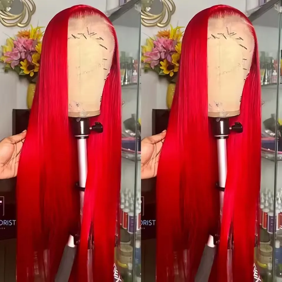 

Red Colored Straight Synthetic Hair Lace Front Wigs For Women Glueless Lace Wigs Heat Resistant PrePlucked Fiber Hair Cosplay