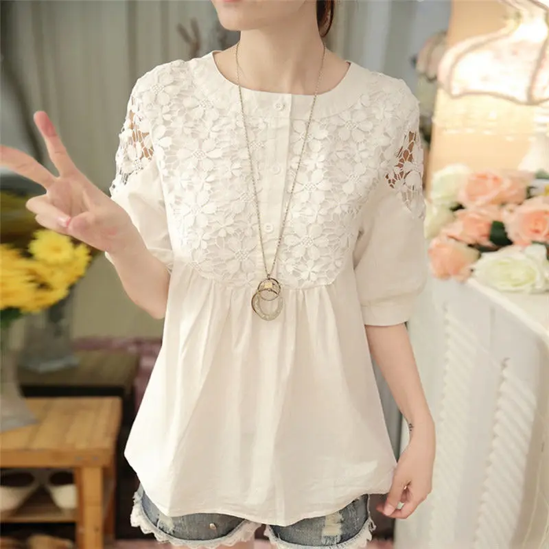 Elegant Fashion Solid Hollow Out Lace Chiffon Shirt Summer 2023 New Streetwear O-Neck Short Sleeve Loose Pullover Women Clothing