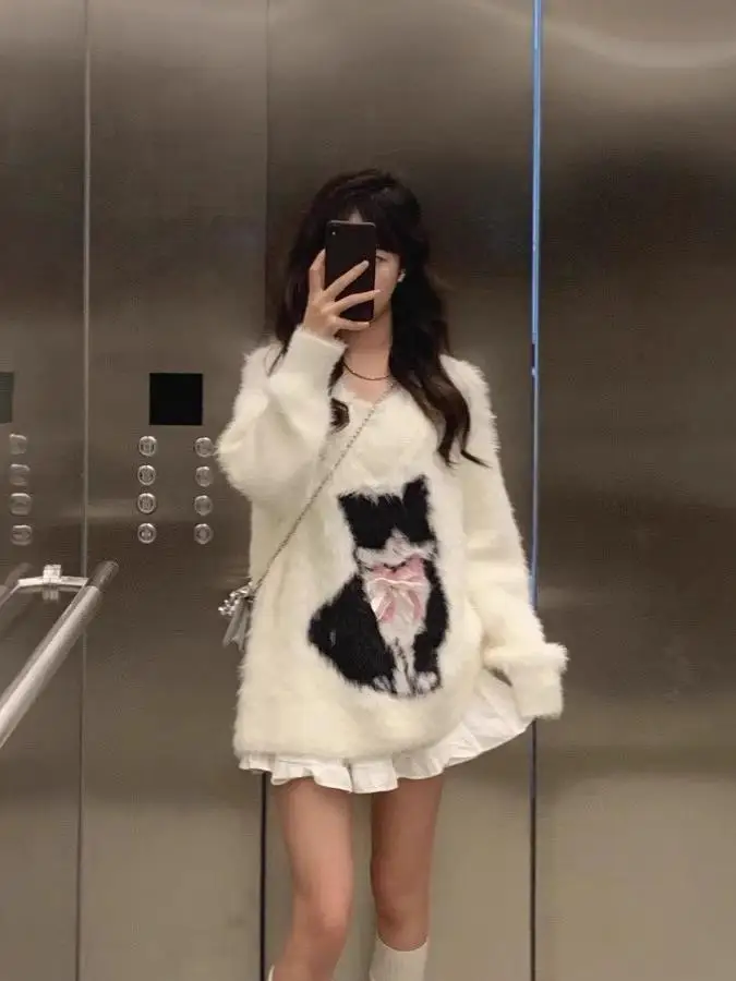 

Женский вязаный свитер с v-образным вырезом, свободный крой, мягкий уютный норковый узор, брендовый синий осенне-зимний топ для поездок на работу