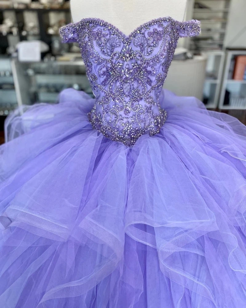 ANGELSBRIDEP Lavanda Dolce 16 Abiti stile Quinceanera Gonna con volant in rilievo Corsetto Abito da ballo Abito da ballo Vestido De 15 Anos Personalizzato