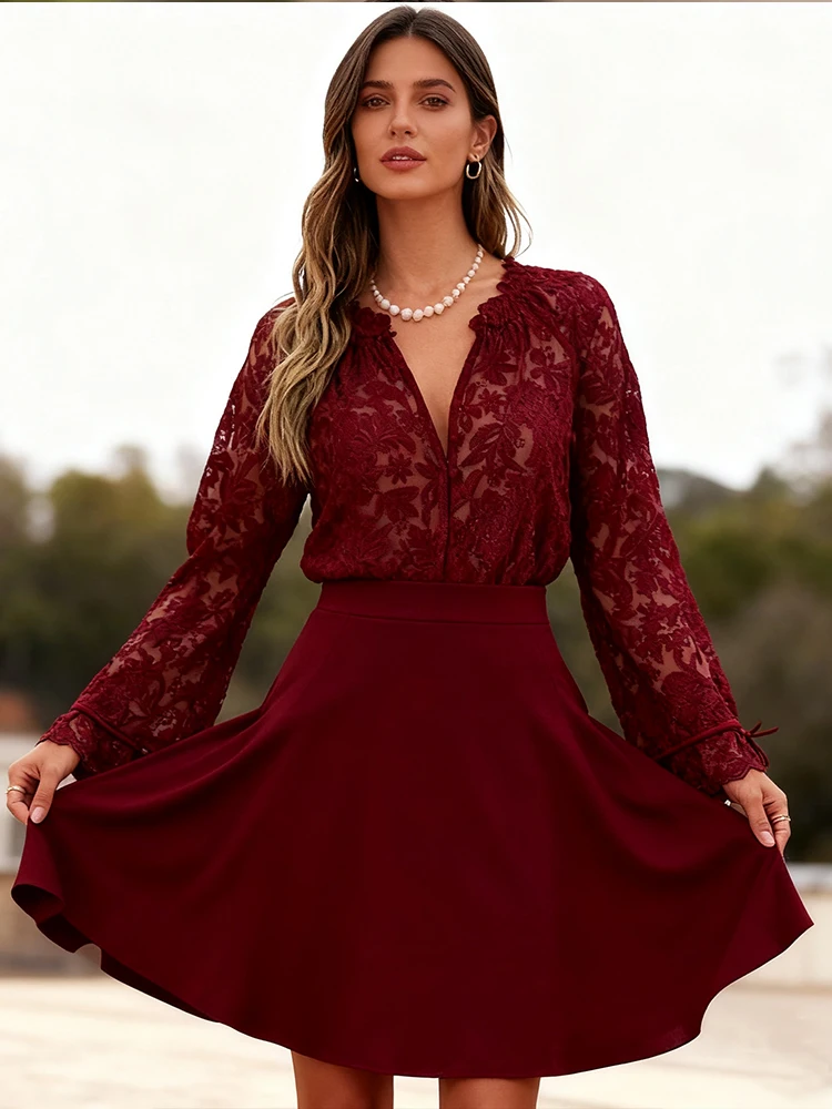 Neue Heiße Verkäufer Elegante Knöpfe Semi-Transparent Gestickte Spitze Top Sexy Strickjacke Manschetten Krawatte Langarm-shirt Sommer frauen Kleidung