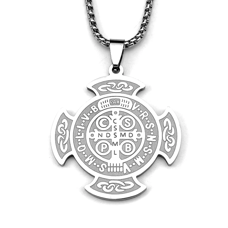 Catholic Saint Benedict Medal Stainless Steel Cross Necklace for Women Men Gold Color Chain Amulet Jewelry Gift san benito - view 3