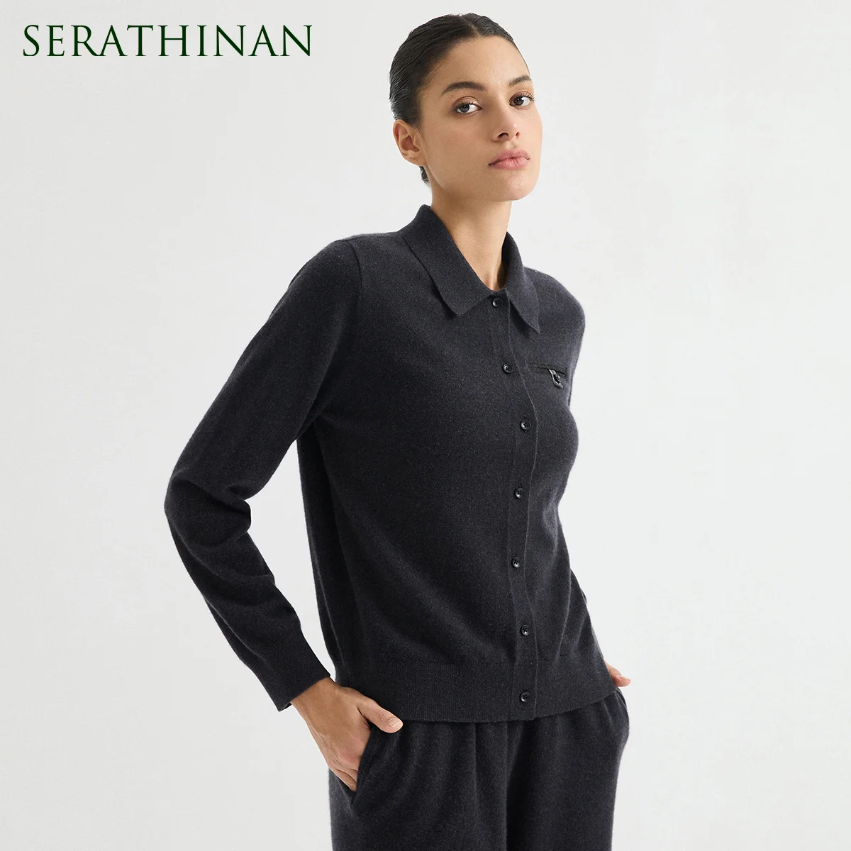 BD3621835 Women's 100% Cashmere Shirt Collar Cardigan Long Sleeve Zip Chest Pocket Chain Badge Understated Old Money Fall