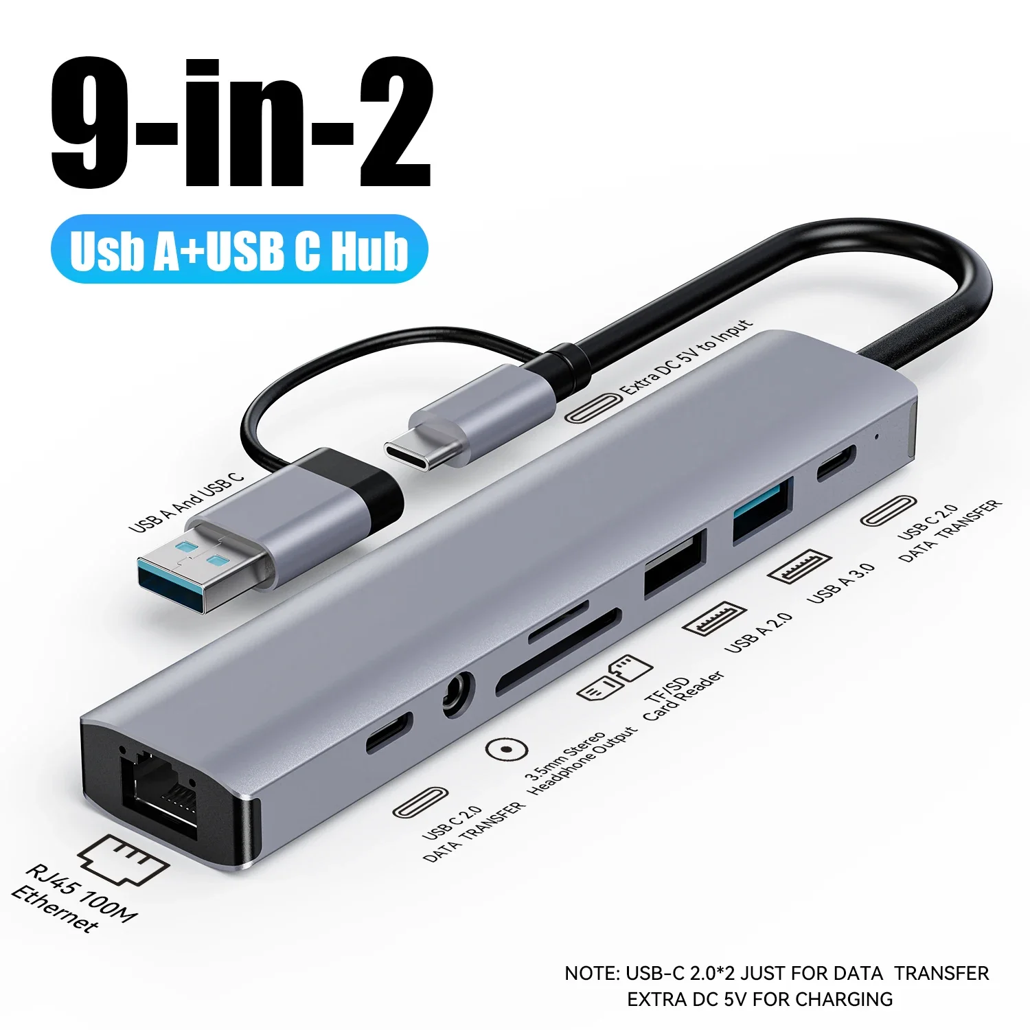 Концентратор типа C, 9-портовый концентратор с несколькими портами USB 3.0, разветвитель USB A USB C для ноутбука с удлинителем порта питания типа C для ноутбука, ПК, настольного компьютера