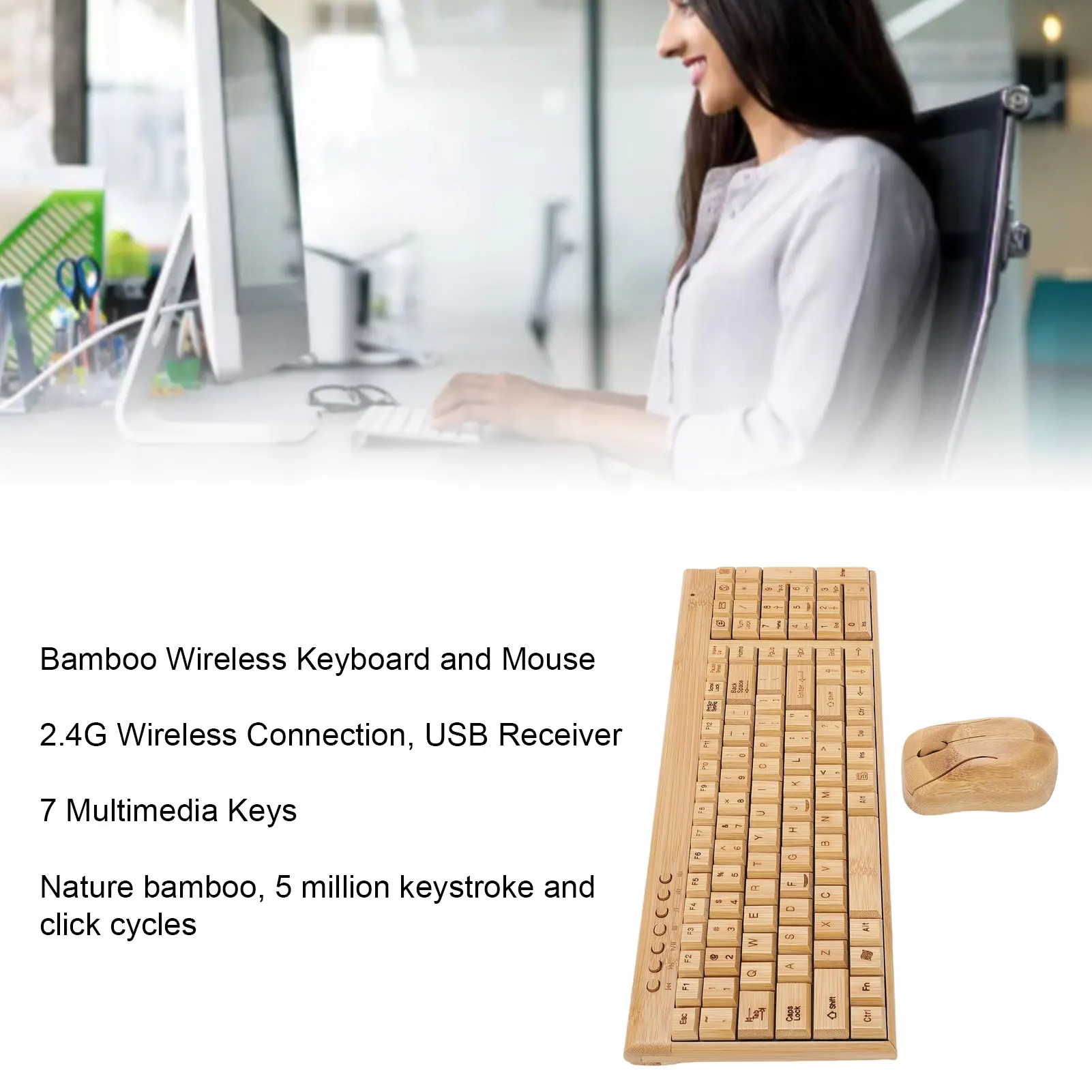 Bamboo Keyboard Mouse Combo 2.4G Wireless Keyboard Mouse Set Handcrafted Full Bamboo Keyboard and Mouse Combo with USB Receiver