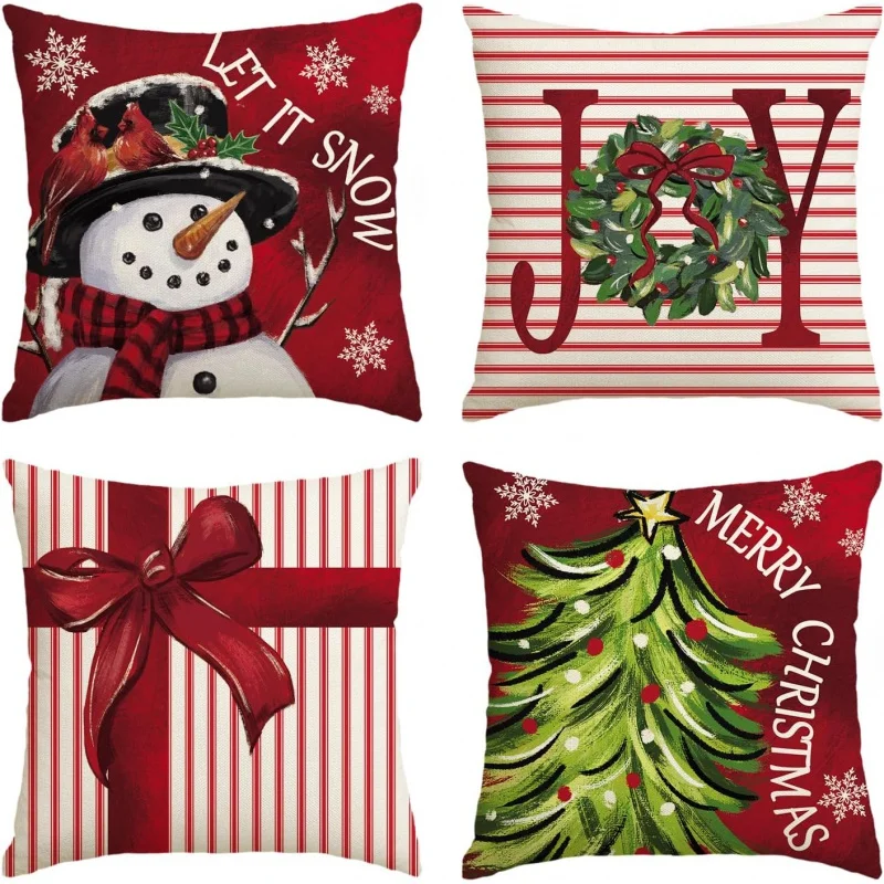 Merry Christmas, let it snow! Happy Stripe Gift Box Red Pillow Set 18 x 18 inches Christmas Tree Festival 4-piece Set