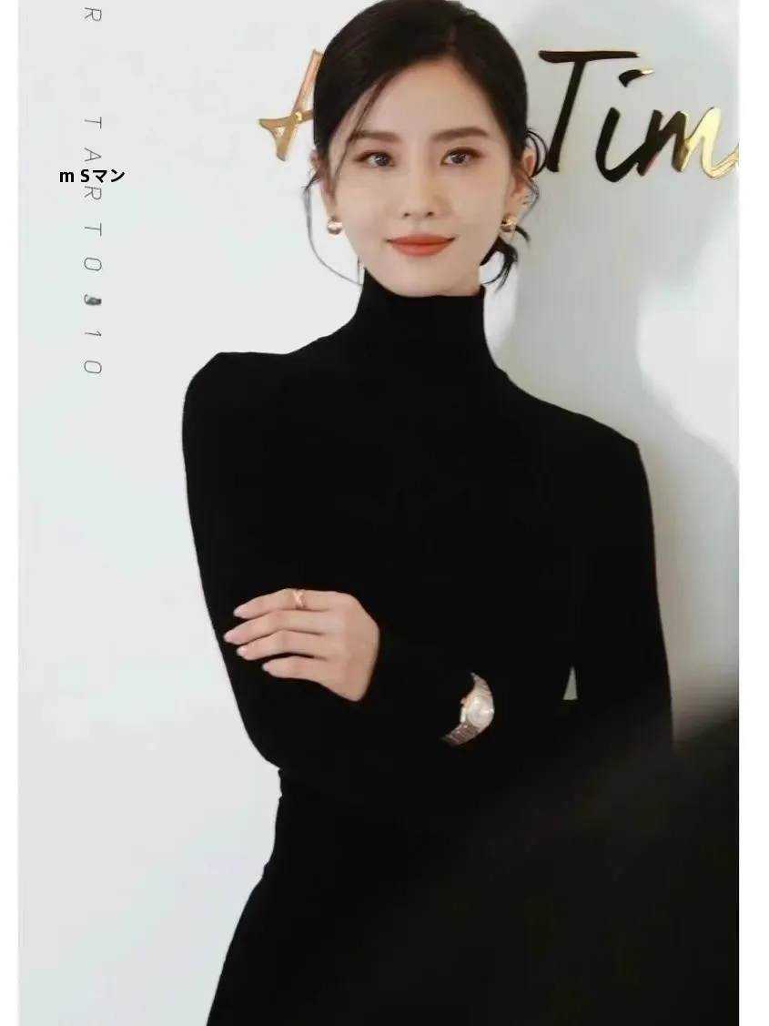 High Collar Knitwear for Women Star Liu Shishi Black Slim Fit Inner Wear Autumn Winter Base Layer Top Korean Style Long Sleeve