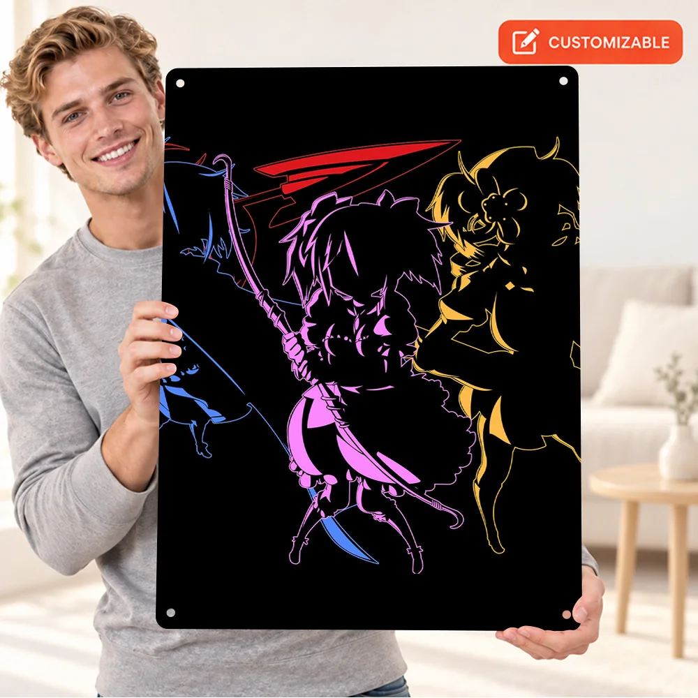 Anime Magical Girls Silhouette Aluminum Poster Customized Metal Sign Vector Illustration Wall Art For Bedroom Manga Lover Gift