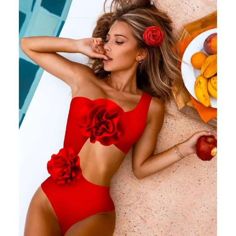 3D Flower Cutout Red One Piece Swimsuit and Sarong Clearance Wholesale