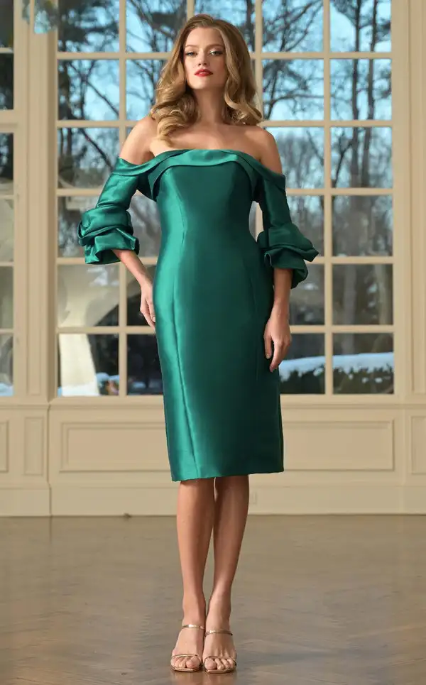 

Customized Classic Charmeuse Pleat Straight Boat Neck Midi Dresses Bespoke Occasion Dresses Modern Style Simple Sizes Available