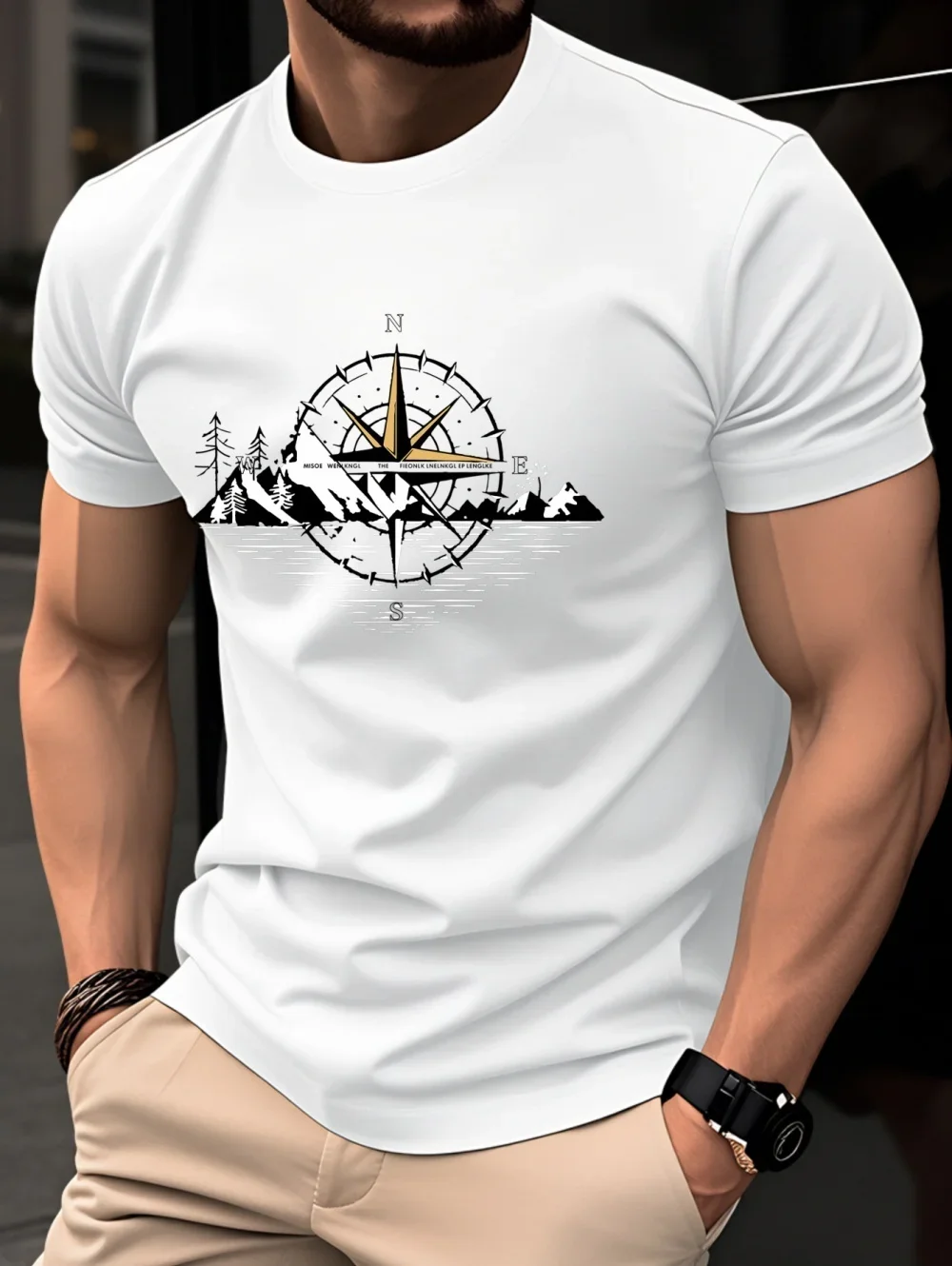 Men's Summer Short Sleeve T-Shirt Vintage Compass Pattern Design Fashionable Elegant Top Breathable Round Neck Men's Clothing