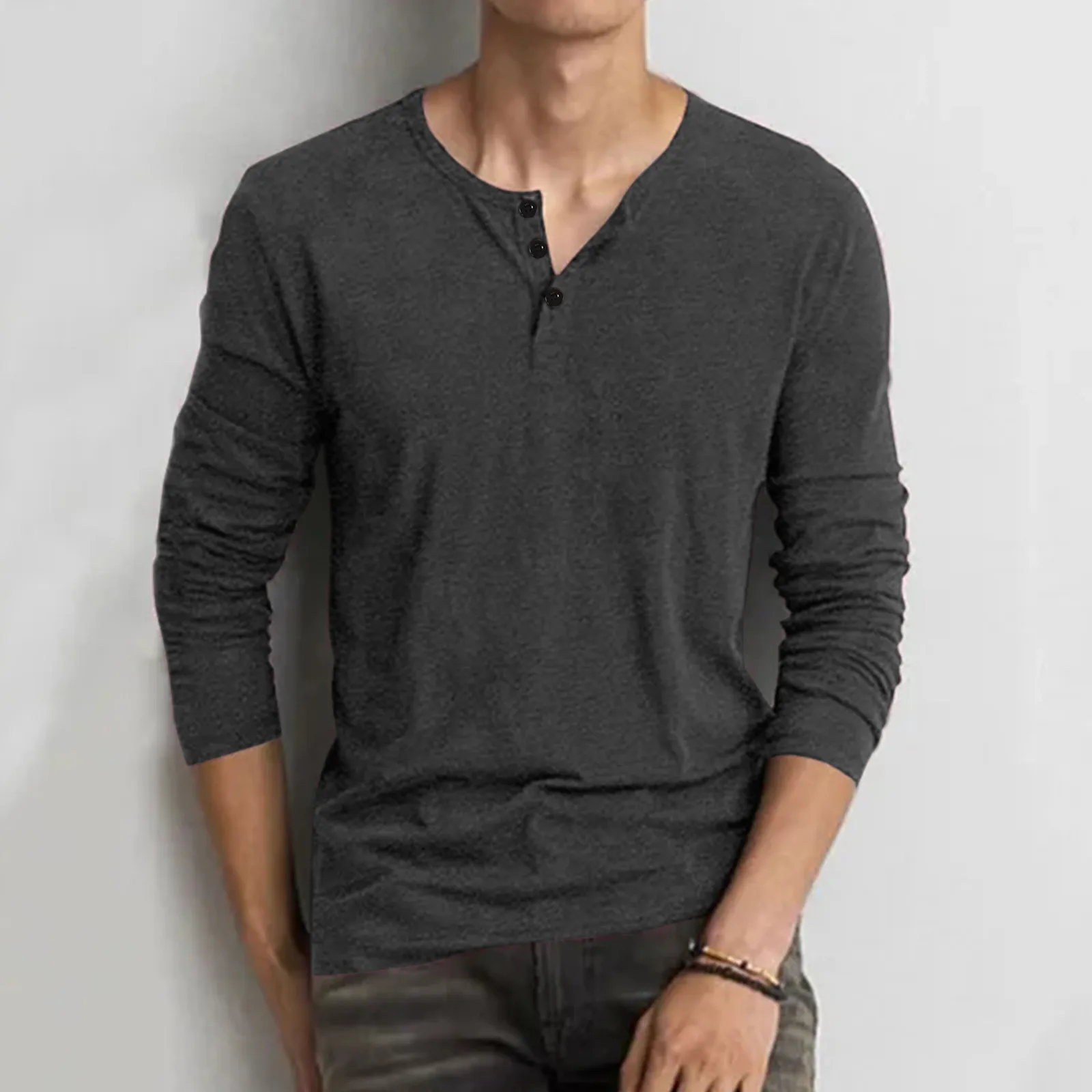 Spring Summer Fashion Button Neck T Shirt Men New Slim Fit Long Sleeve Henley Tshirt Men Streetwear Casual Solid Color T-shirt