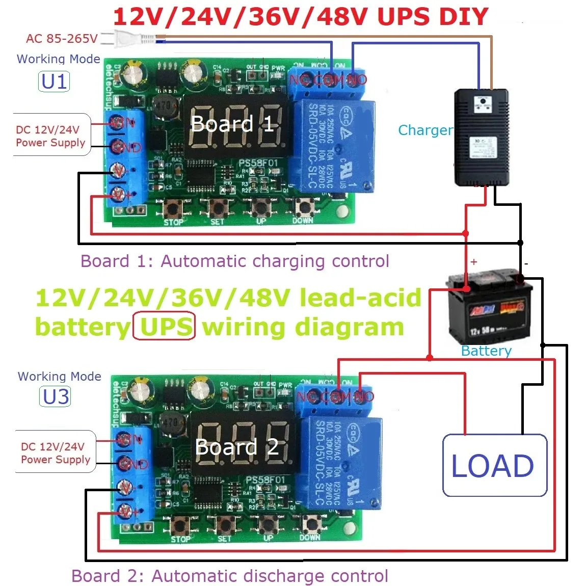 充電器と放電制御スイッチ,Arduino用の過電圧保護,DC 0-60V, 1個