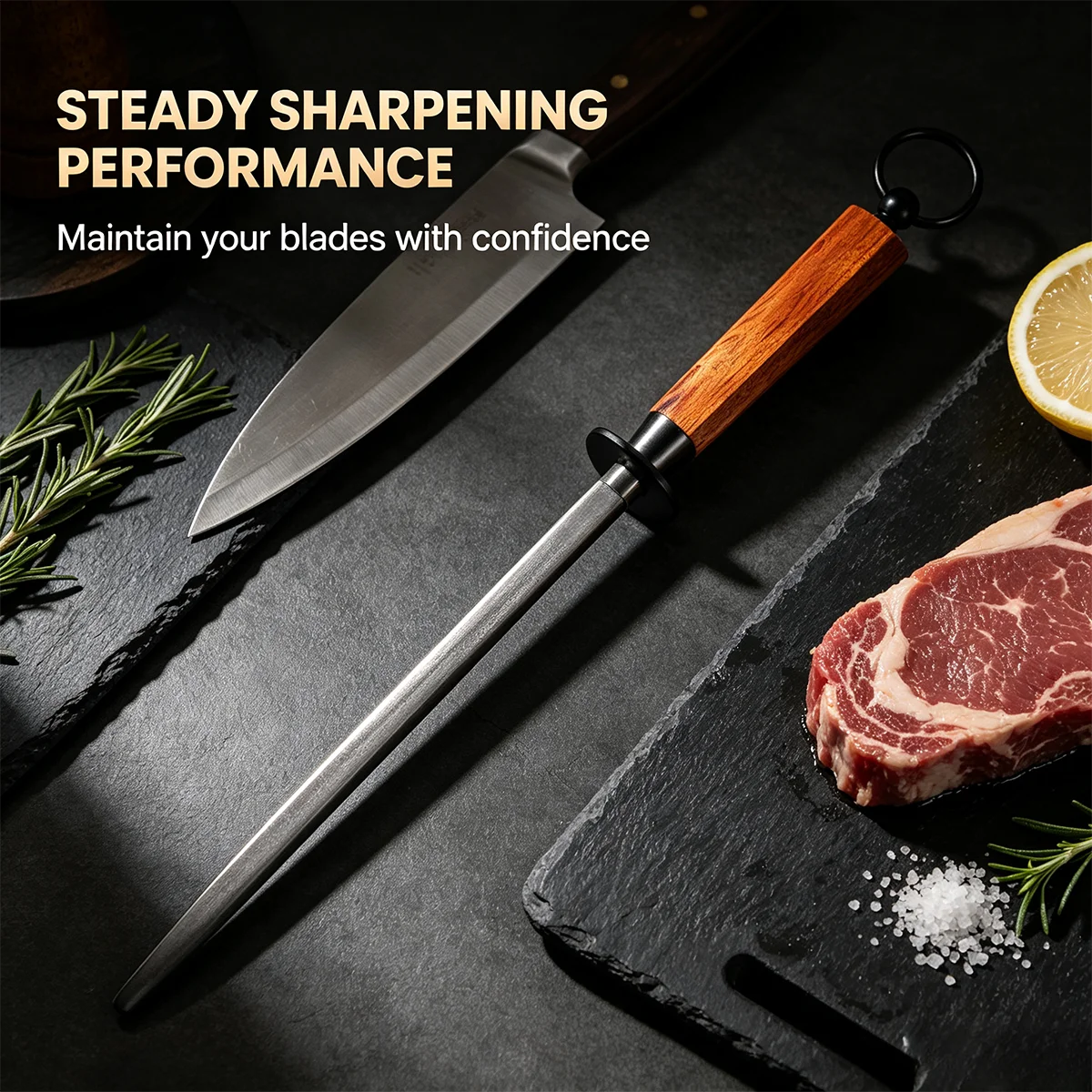 2026 New Model Professional Chef Sharpener Rod Innovation spiral texture Provides more efficient sharpening Rose wood Handle