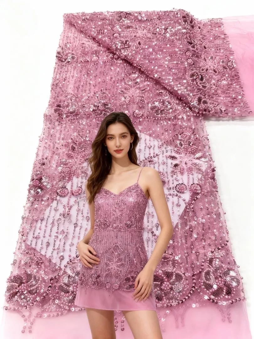 

2025 High Quality Luxury Pink Embroidery Beaded Lace Fabric African Nigerian Sequins French Lace Fabric For Wedding Dress Sewing