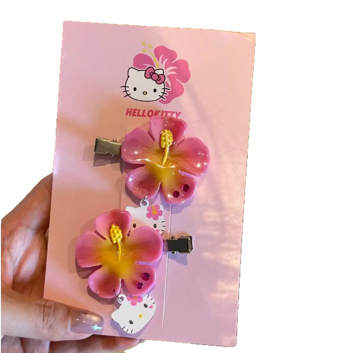 Kawaii Sanrio Hello Kitty Flower Hair Clips Set Pink Hibiscus Hair Pins Sweet Summer Hair Accessories for Women Girls view 3
