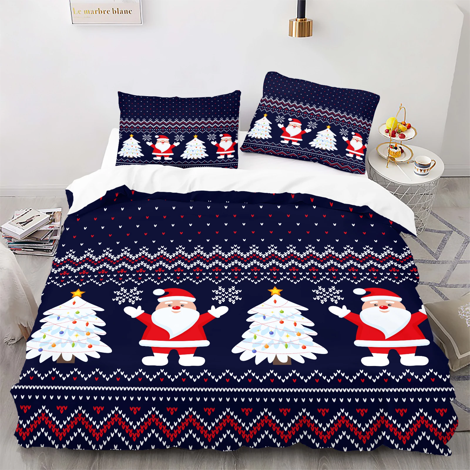 2/3Pcs Nordic Christmas Sweater Pattern Duvet Cover Set, Santa & Christmas Tree Print, Festive Holiday Bedding, No Duvet Insert