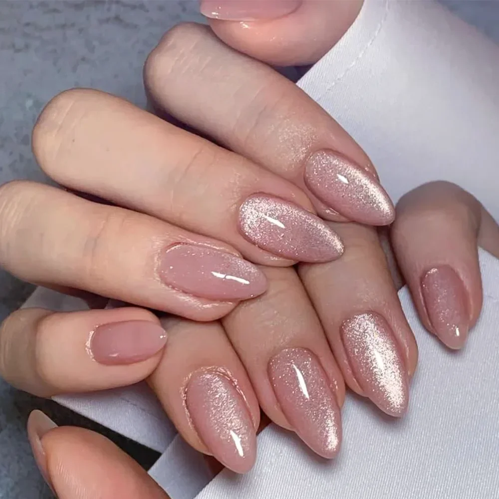 24 pezzi di mandorle corte Nude Pink Gradation unghie finte con Design francese Glitter unghie finte testa tonda stampa sulle unghie punte per Manicure