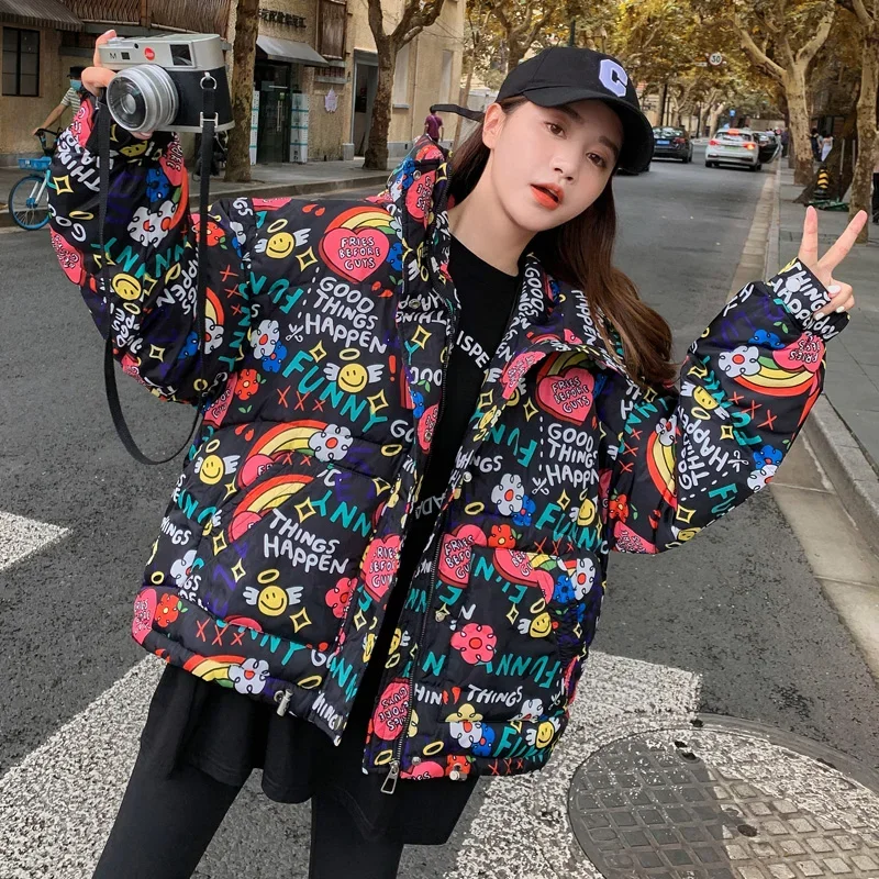 Winter Women's Korean Loose Thickening Hooded Mid-length Long-sleeve Warm Parkas 2023 New Letter Jacket Down Cotton Jackets Lady