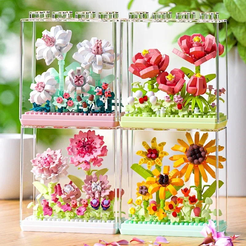 DIY Plant Flower Micro Building Blocks Sunflower Gardenia Camellia Carnation Assembled 3D Model Mini Brick  With Display Box