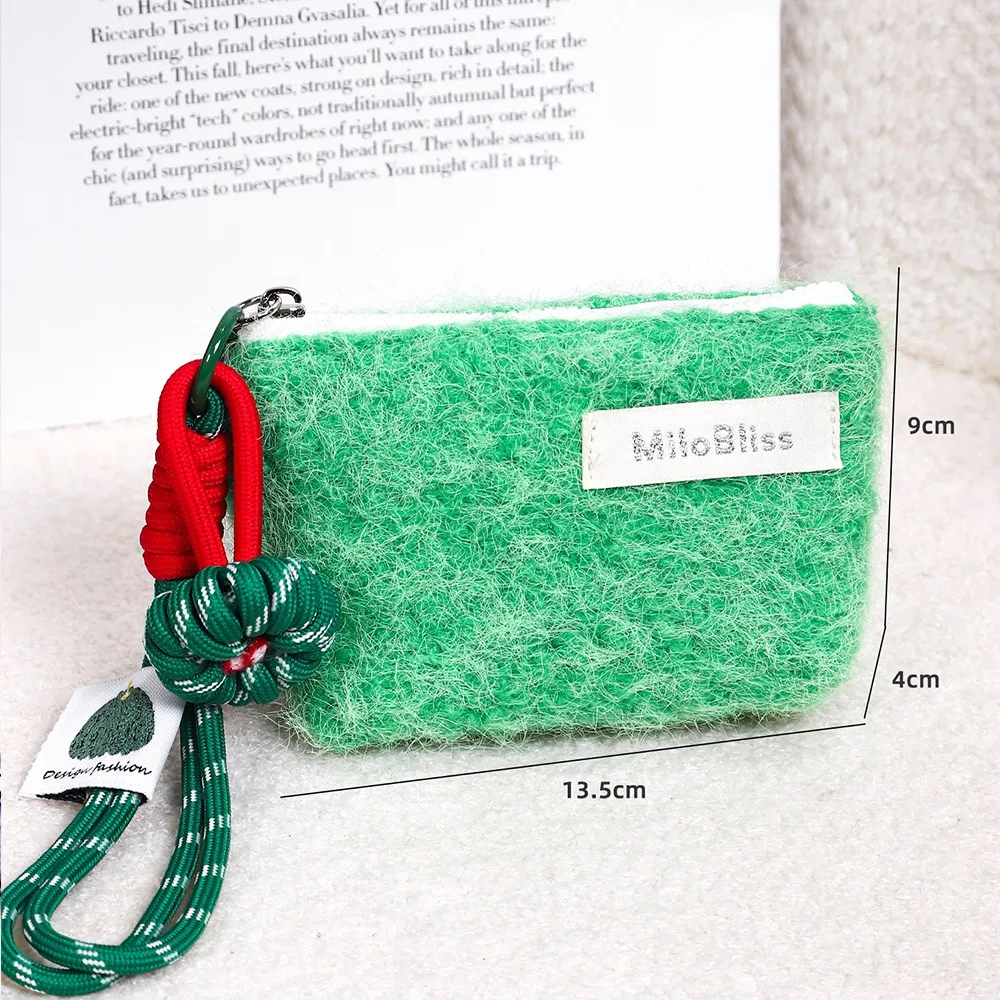 

Small Mini Plush Card Bags with Heart Pendant Korean Travel Coin Purse Ins Square Makeup Handbags Pouch
