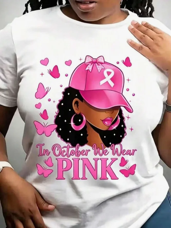 2026 New Fashion Women Crew Neck 100% Cotton T-Shirt Pink Breast Cancer Awareness Theme Slogan Print Autumn Daily All-match Casual Tops Basic Top T-Shirt
