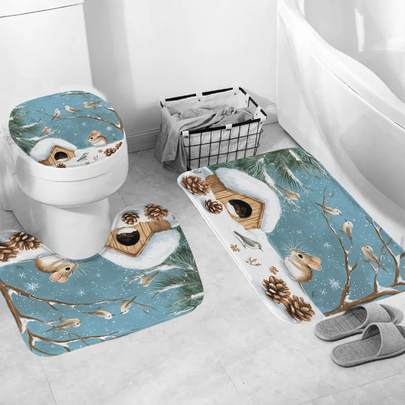 1pc/4pcs Animal Set, Cute Hamster Bird Foraging in The Forest Printed Shower Curtain, Winter Home Bathroom