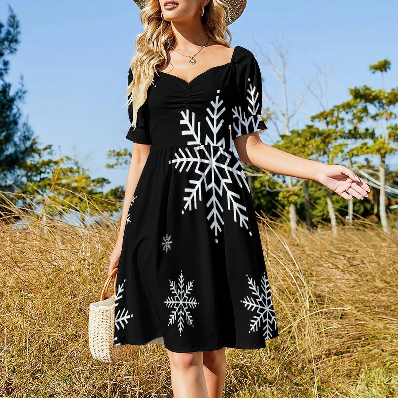 Snowflakes. Black Christmas Short Sleeved Dress dress for women summer Dress women