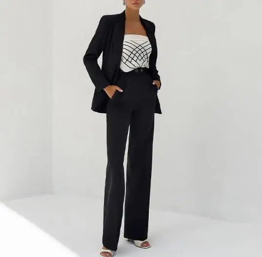 

Fashionable Slim Fit Commuting 2025 2-Piece Solid Color Lapel Long Sleeved Suit Jacket and High Waisted Straight Leg Pants Set