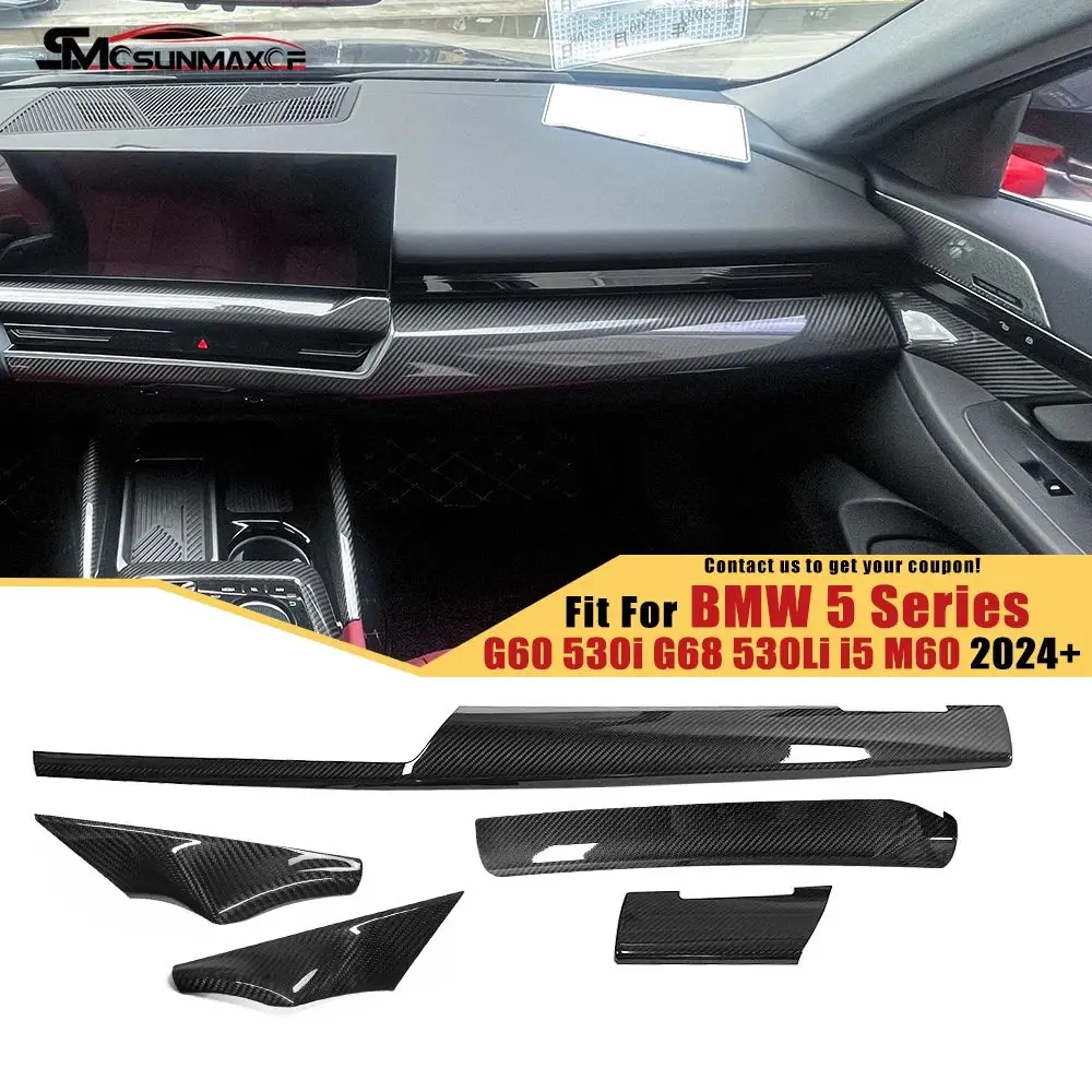 5pcs Real Carbon Fiber Dashboard Front Door Panel Cover Decoration Stickers Car Accessories For  2024 BMW 5 Series G60 G68 i5 M6