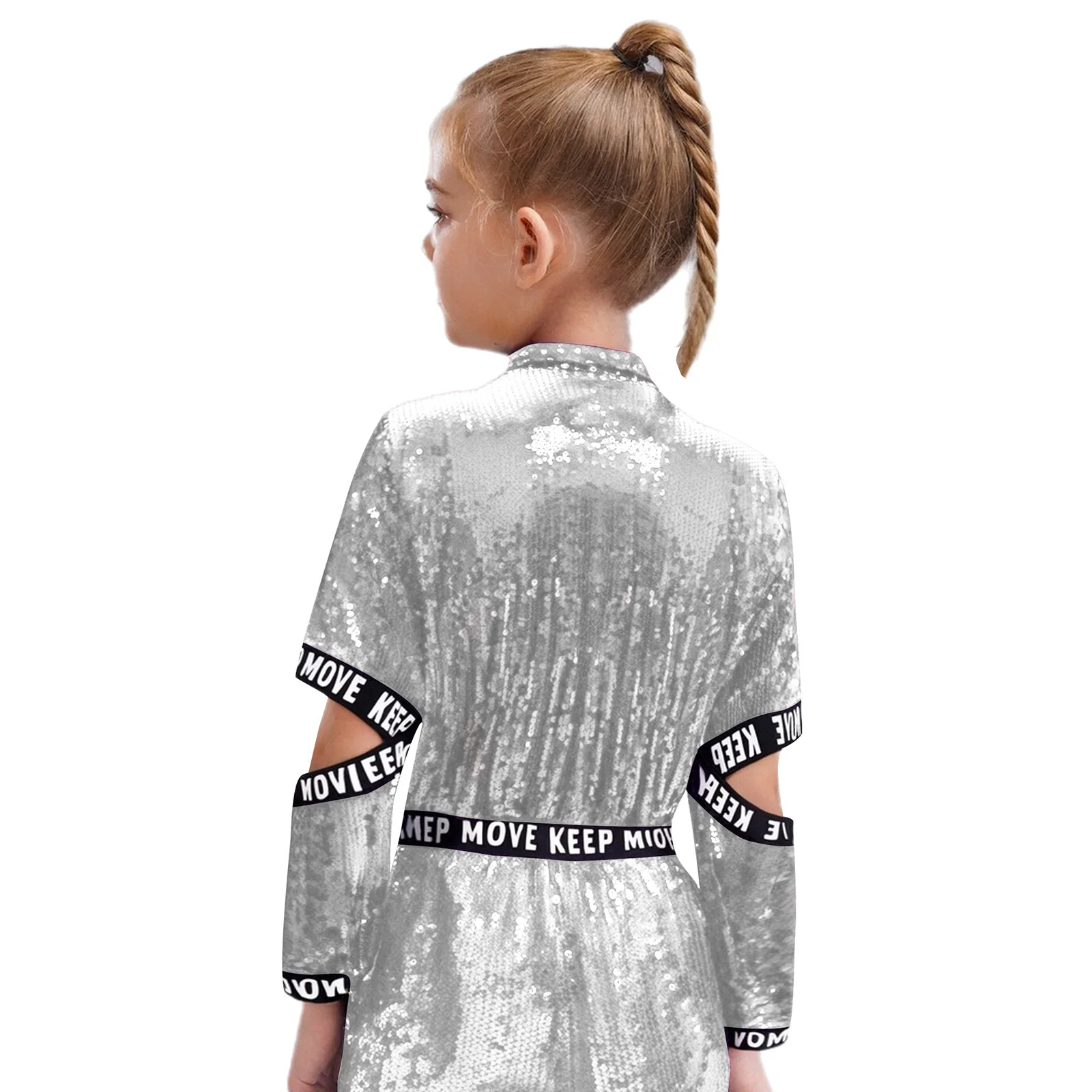 سترة أداء للرقص على طراز الهيب هوب للأطفال البنات مع أشرطة مرنة وأكمام مقطوعة وترتر لأداء المسرح #5