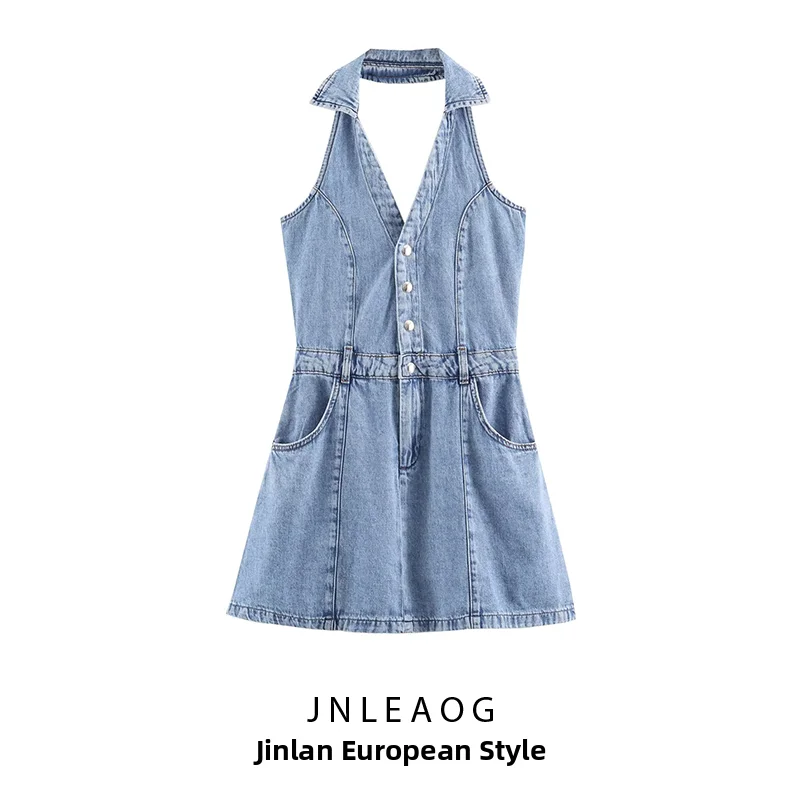 

Fashionable Dress JNLEAOG Summer New Style Women's Clothing Flip Cover Hanging Neck Design Casual Polyester Frock